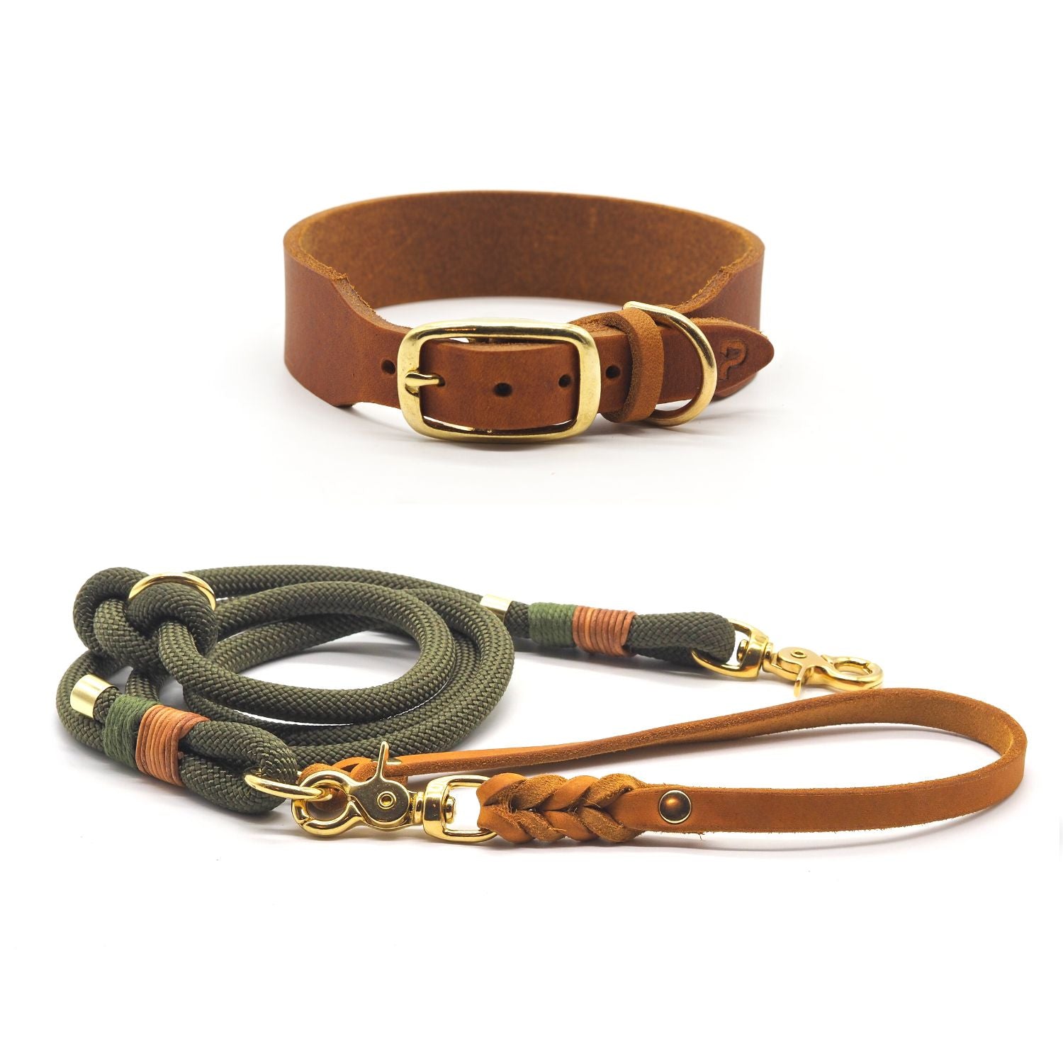 BLACK DOGDAYS promotion | Leather collar & rope leash 'Olive Grove'