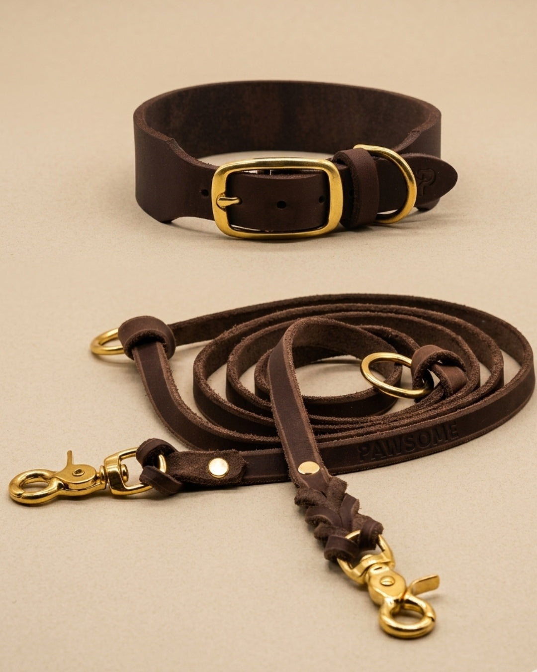 Set | Lederhalsband & Leine in Kastanie