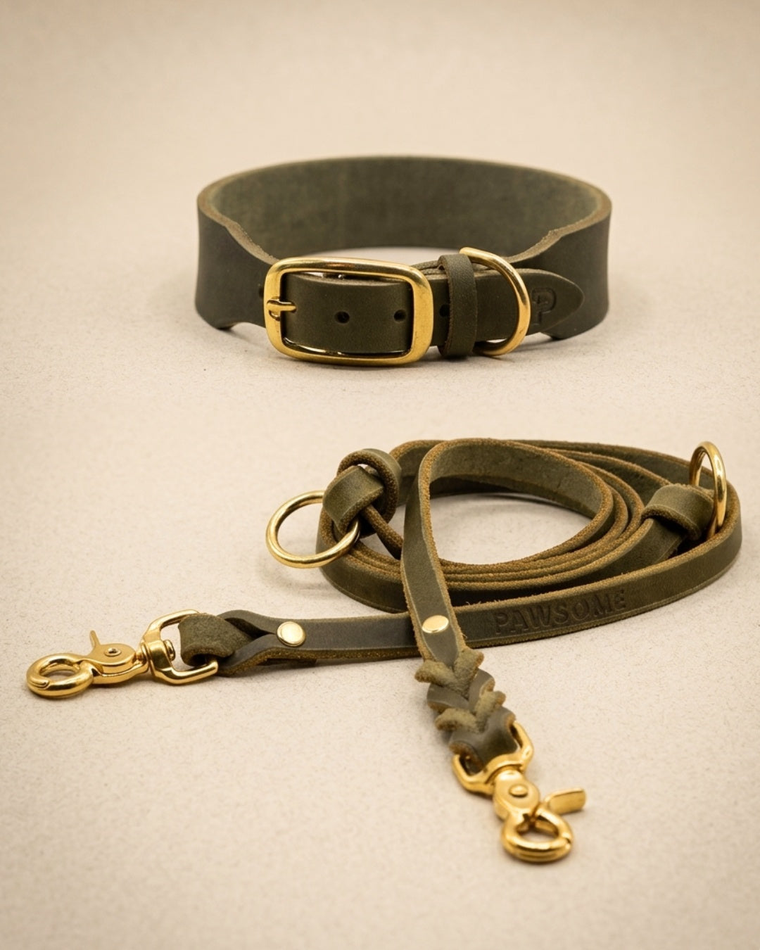 Set | Lederhalsband & Leine in Olive
