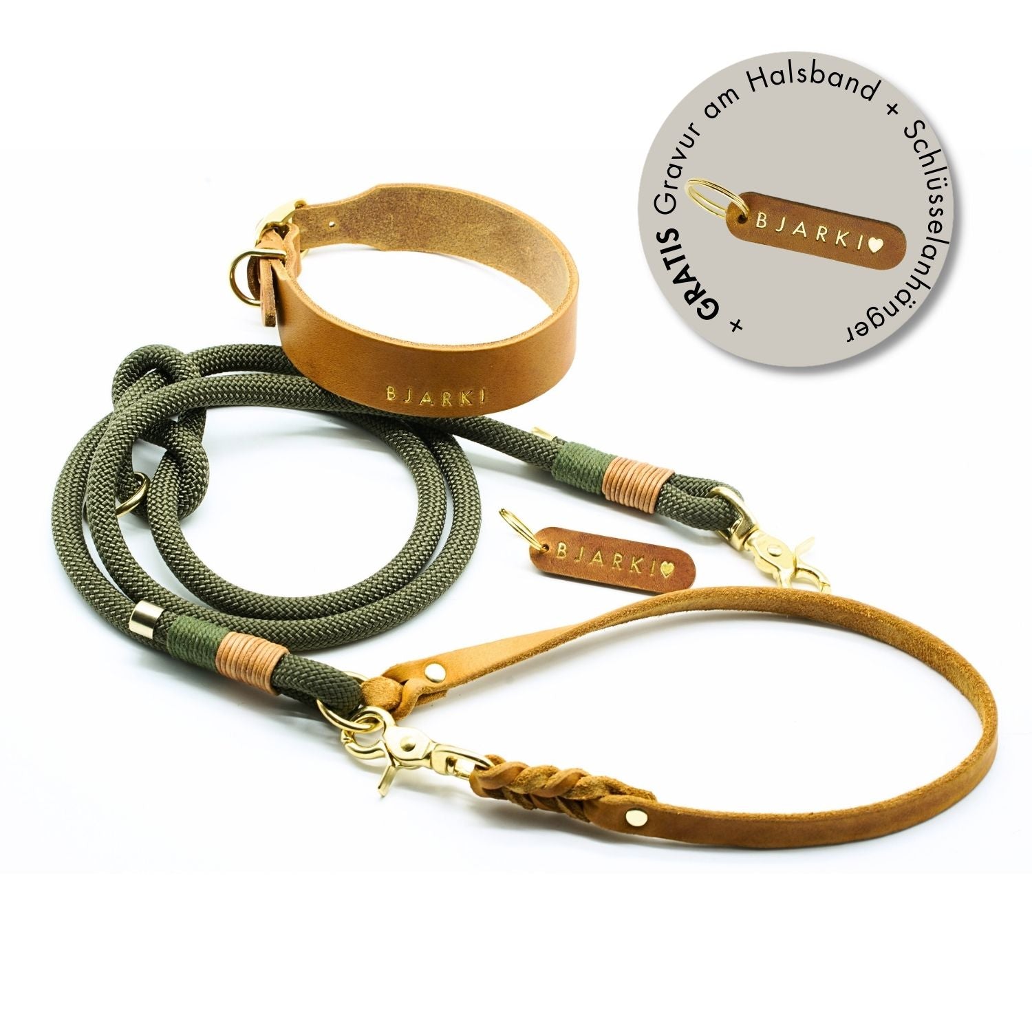 BLACK DOGDAYS promotion | Leather collar & rope leash 'Olive Grove'