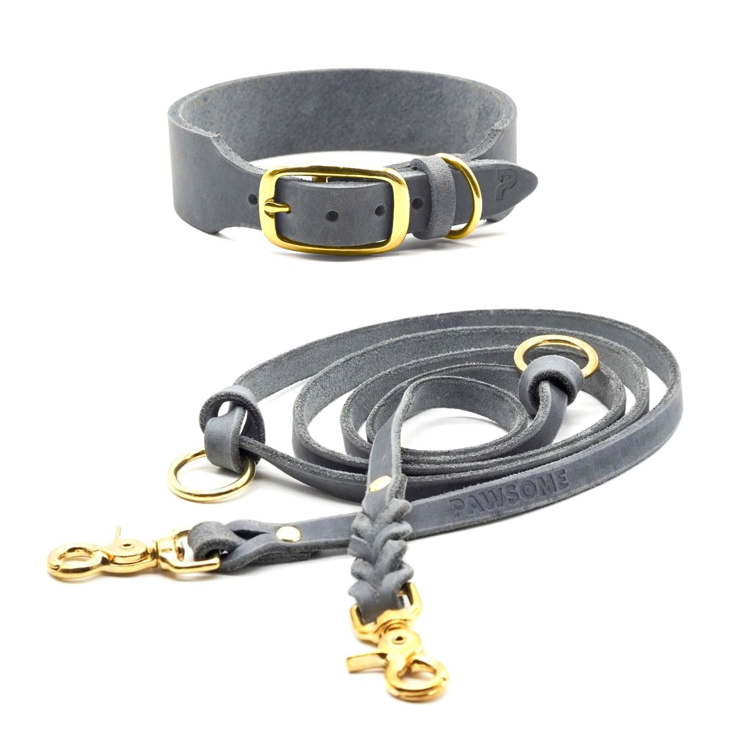 Set | Leather collar & leash in stone gray