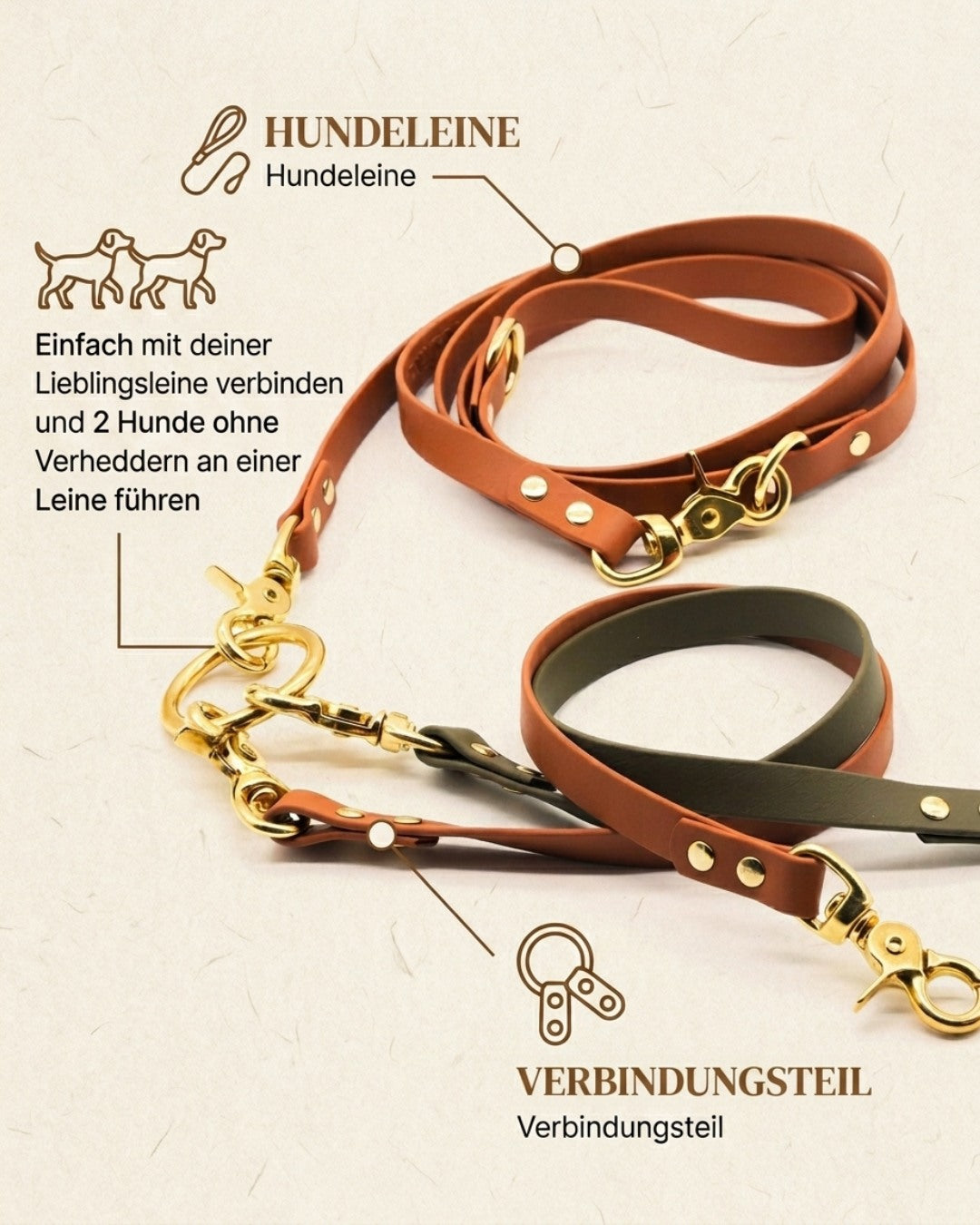 Komplett-Set | 2 Stück Verbindungsteile aus Leder inkl. Ring - für 2 Hunde an einer Leine