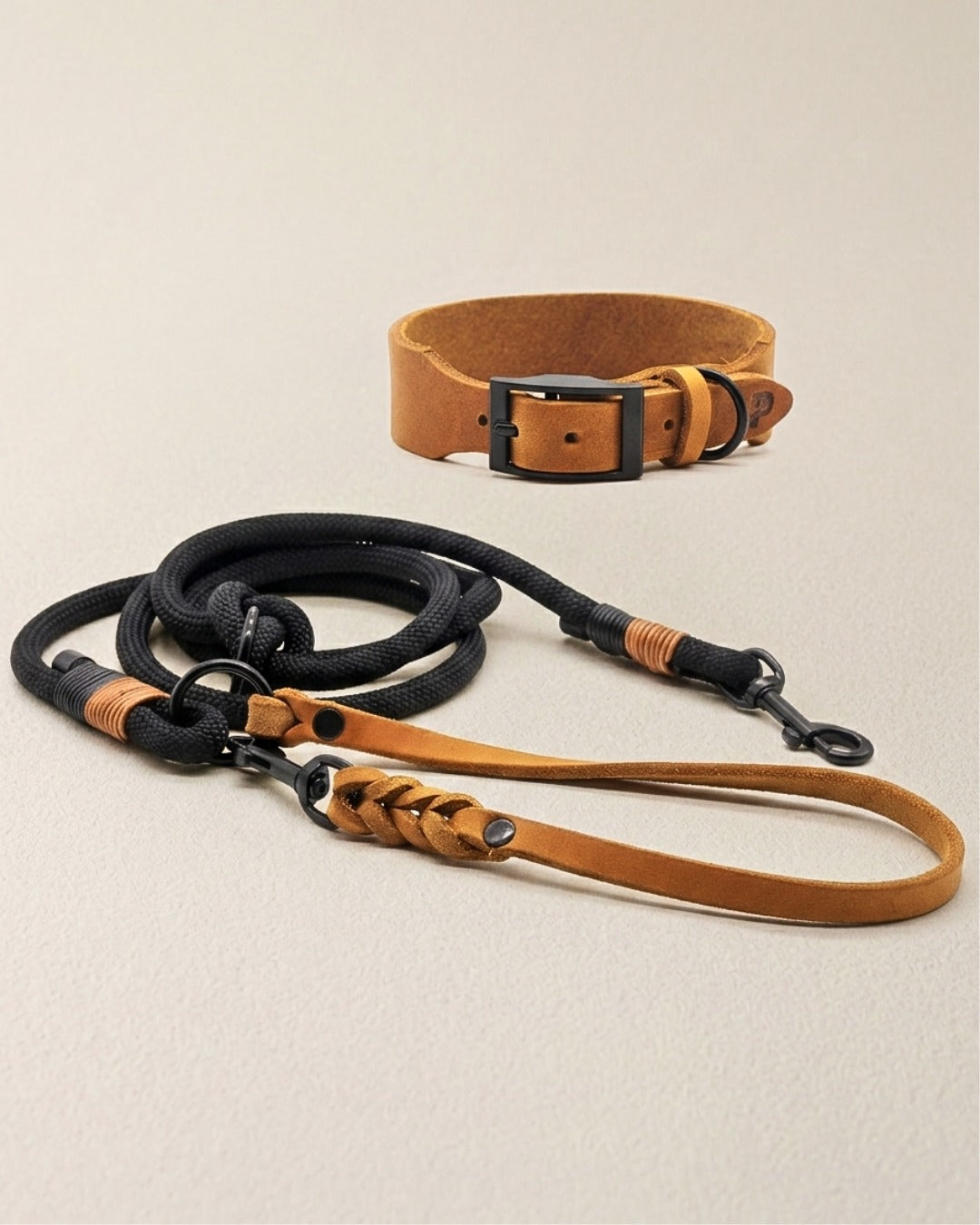Set | Leather collar & rope leash 'Baya'