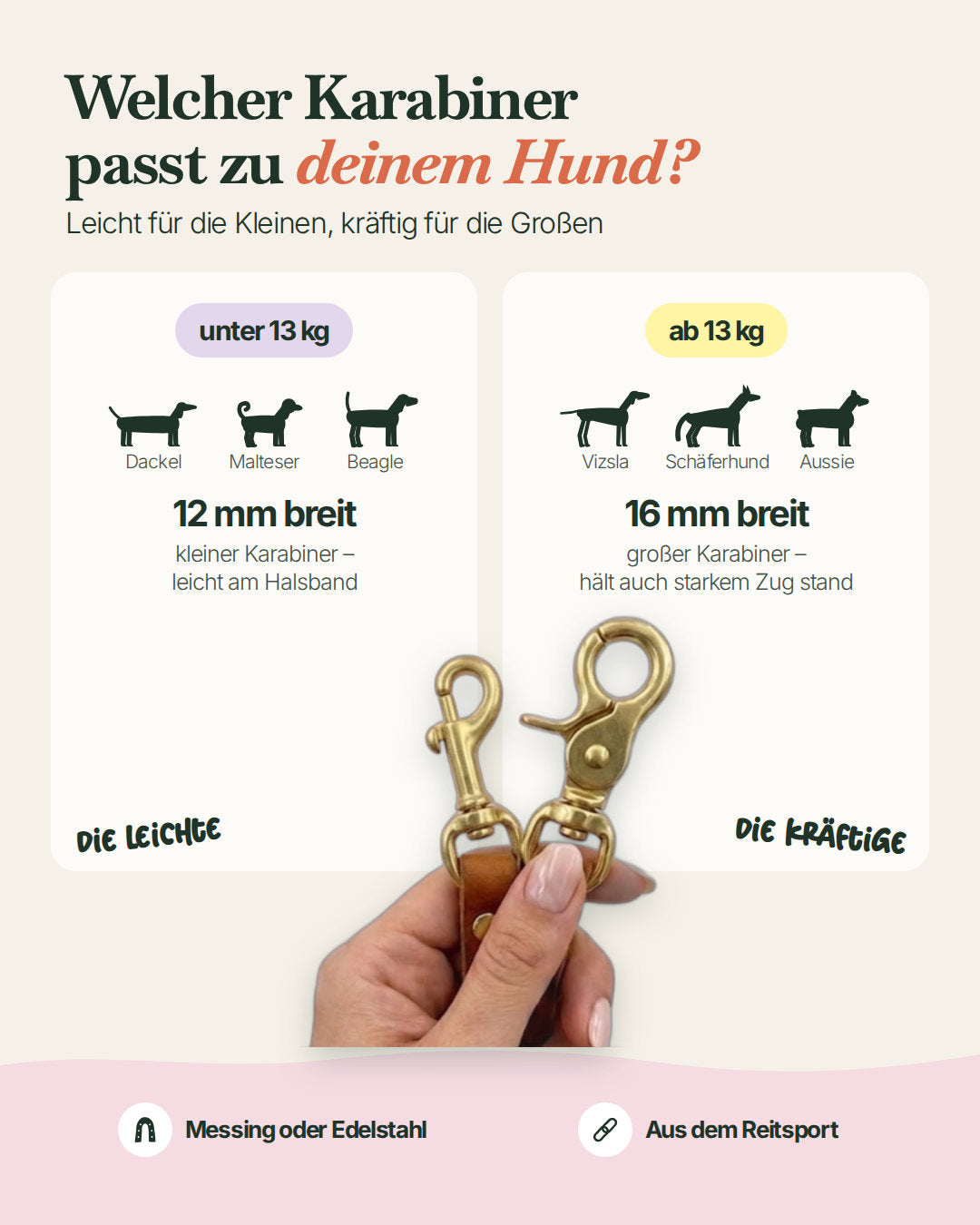 Karabinergröße der Hundeleine Bjarki: 12 mm für Hunde unter 13 kg, 16 mm ab 13 kg