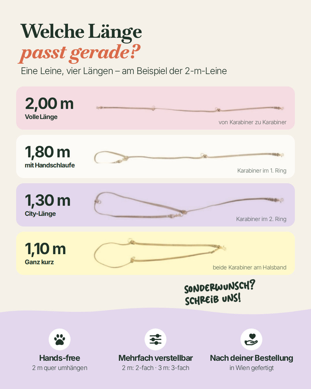 Verstellbare Hundeleine Bjarki: 2,00 m, 1,80 m, 1,30 m oder 1,10 m, auch zum Umhängen