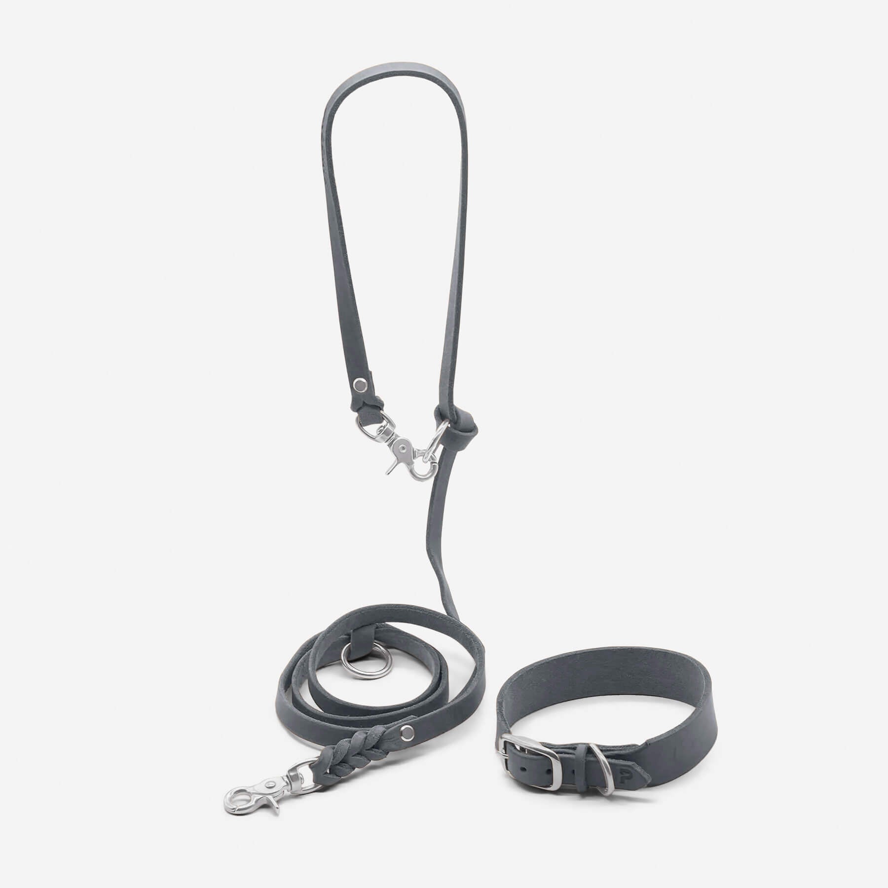 Set | Leather collar & leash in stone gray