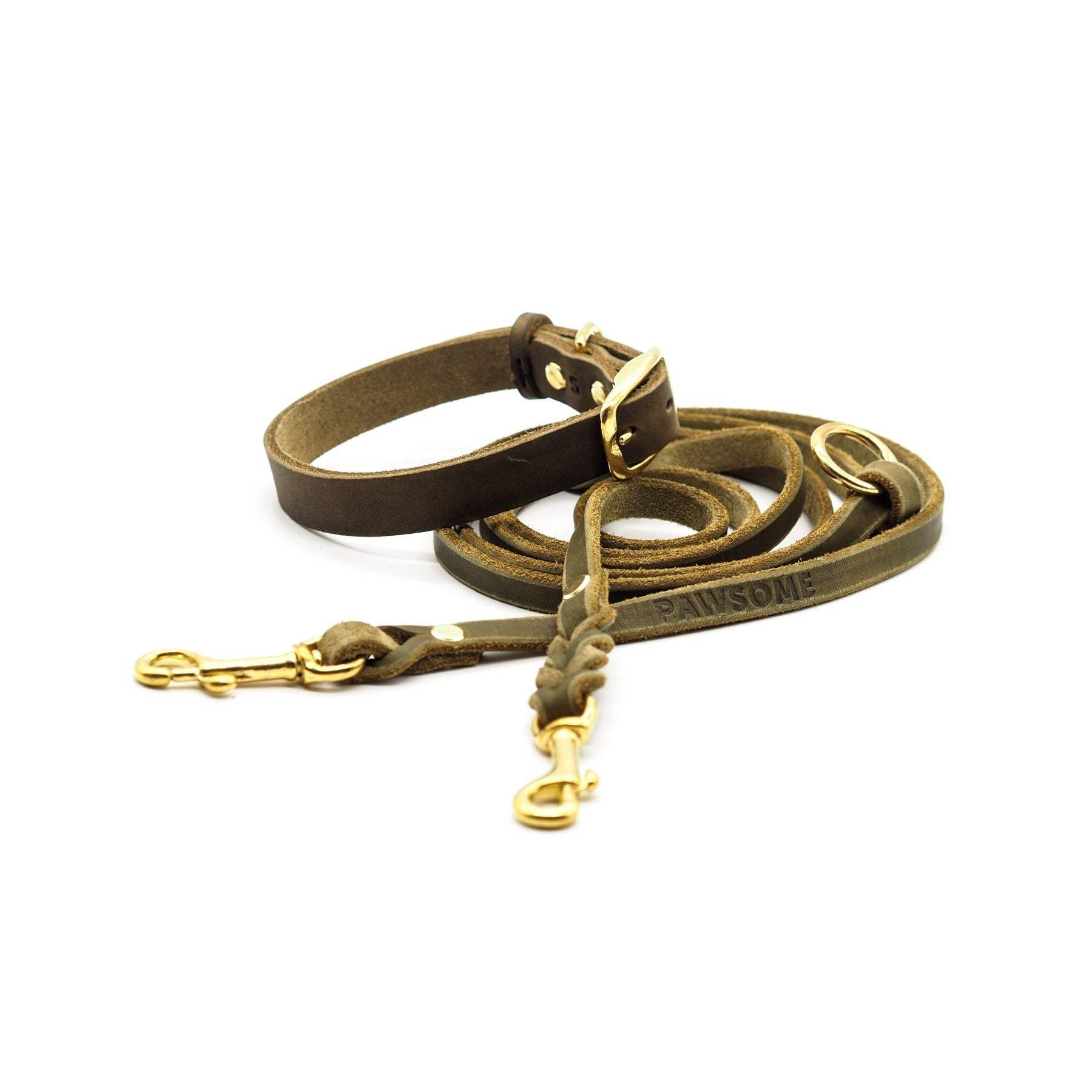 Set | Leather collar & leash in olive