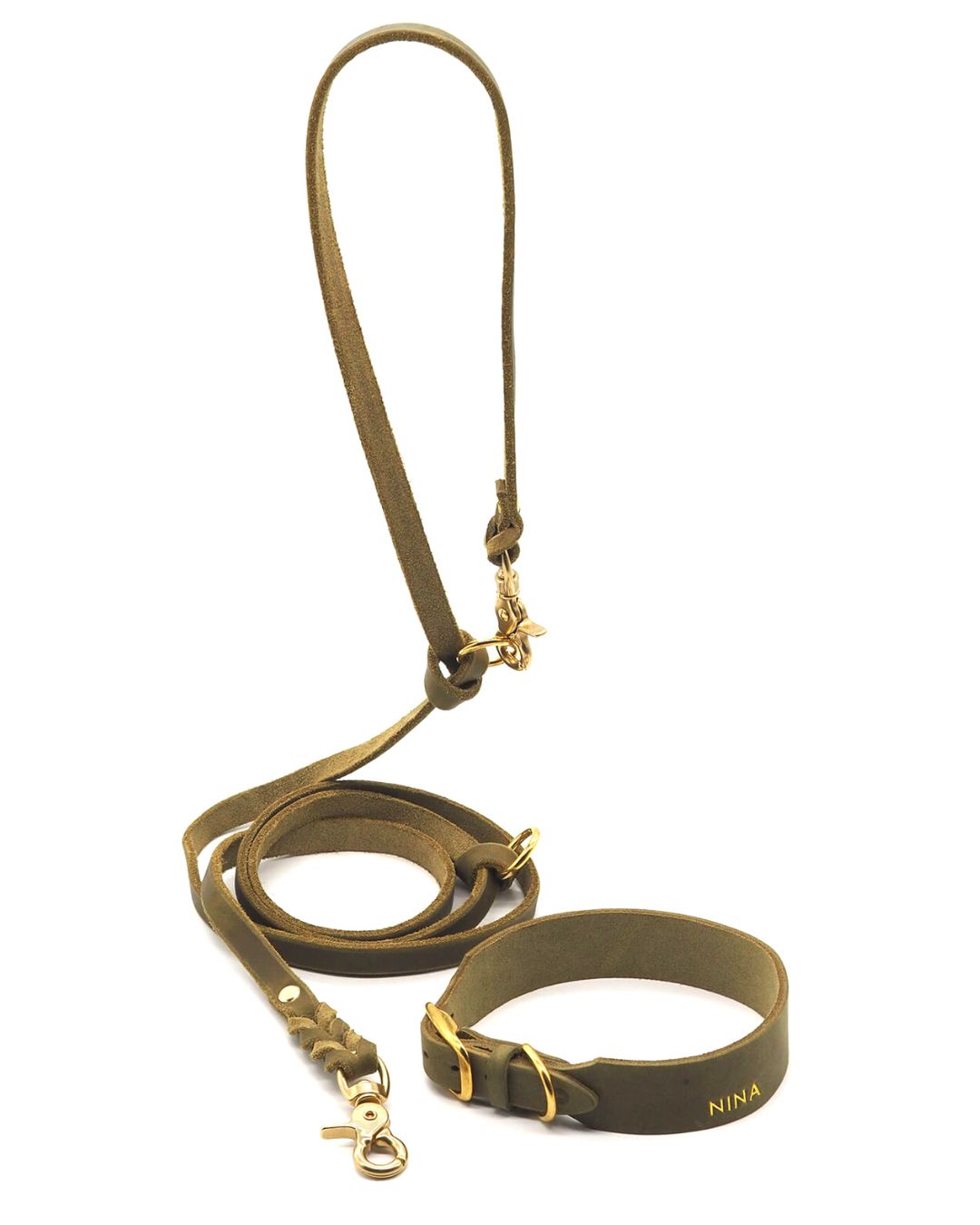 Set | Leather collar & leash in olive