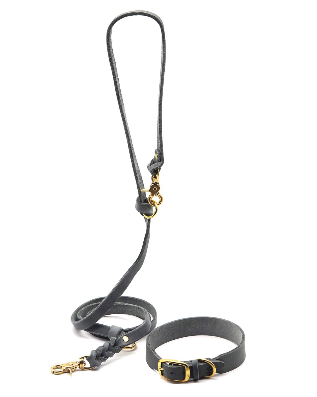 Set | Leather collar & leash in stone gray