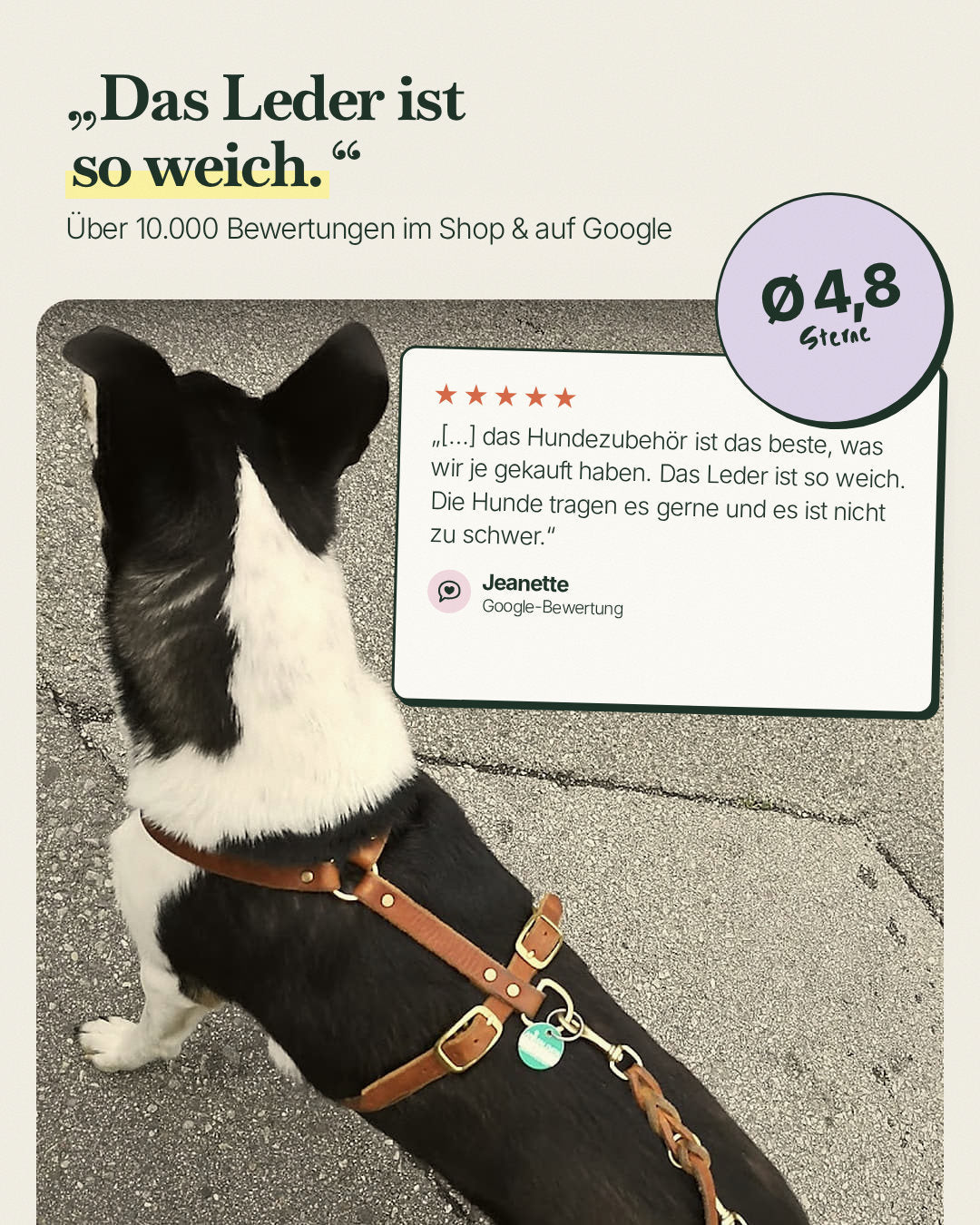 Kundenbewertung zur Pawsome Hundeleine: Das Leder ist so weich
