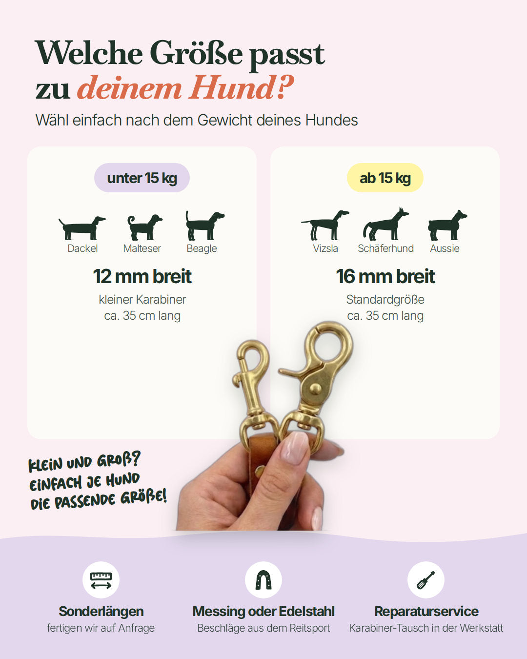 Größe des Kurzführers: 12 mm für Hunde unter 15 kg, 16 mm ab 15 kg