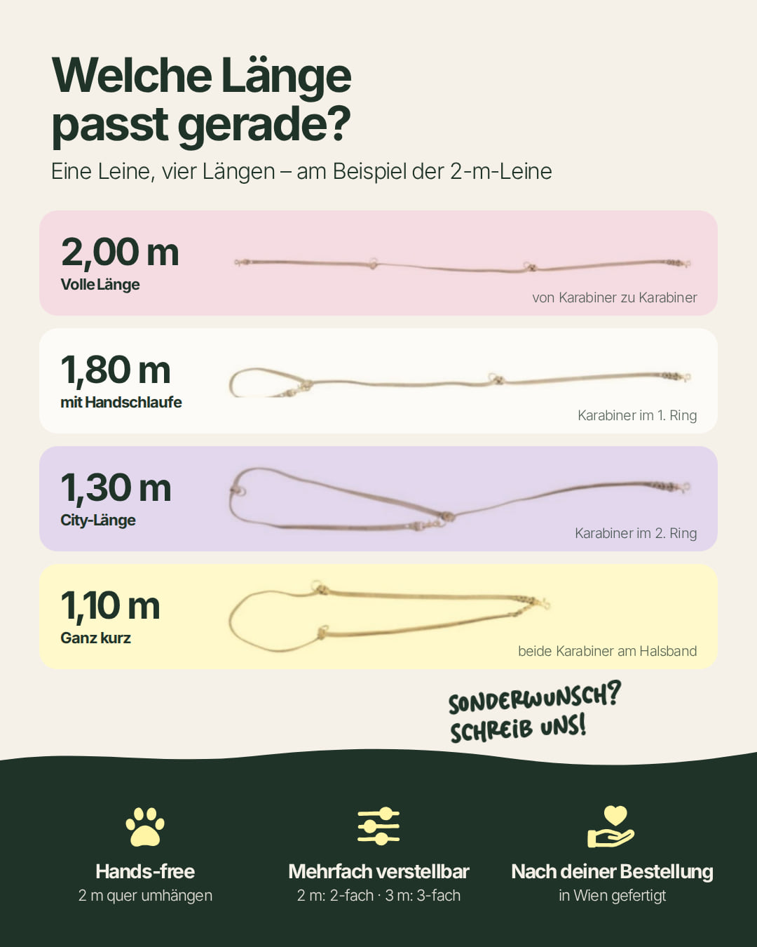 Verstellbare Hundeleine Bjarki: 2,00 m, 1,80 m, 1,30 m oder 1,10 m, auch zum Umhängen