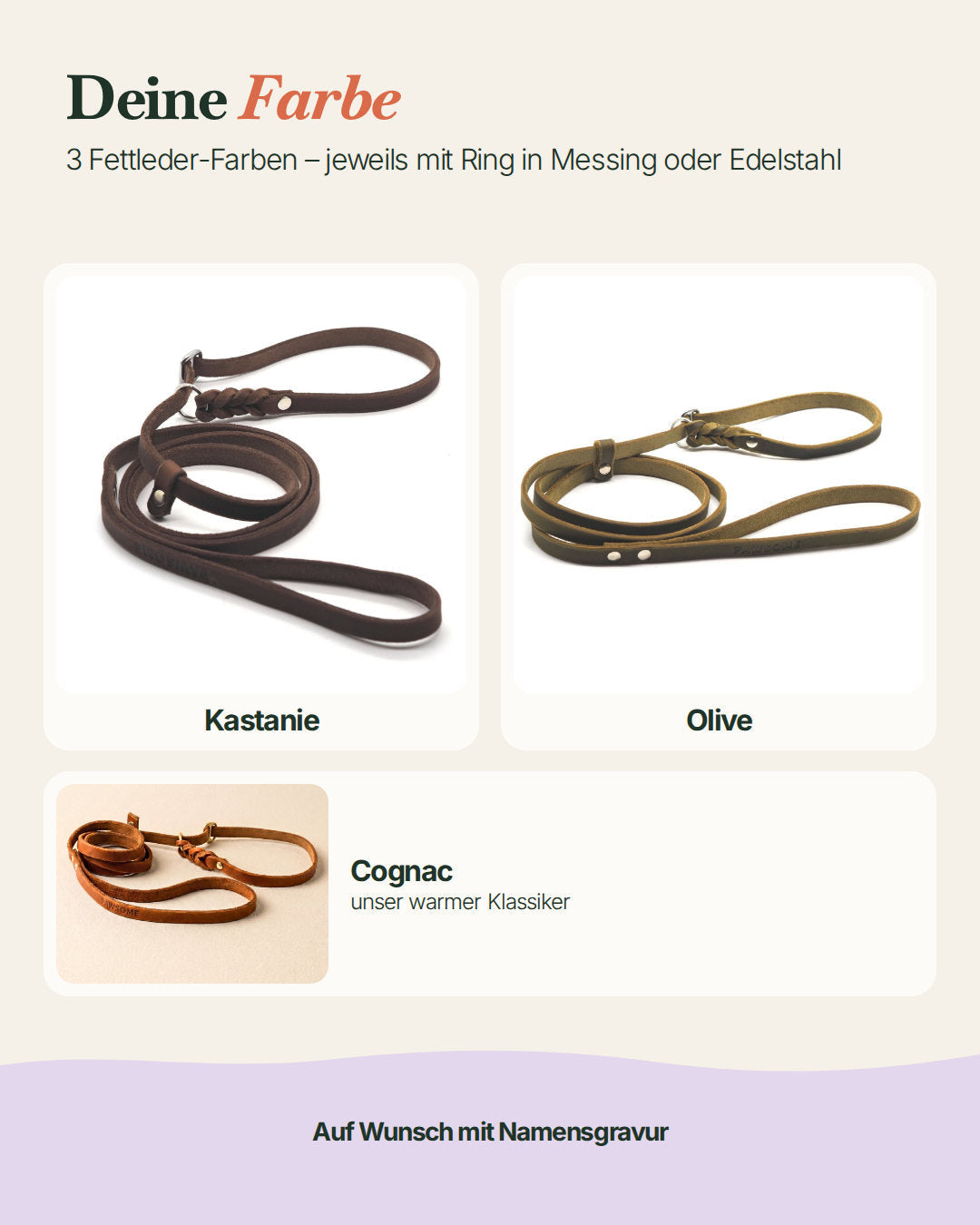 Retrieverleine Bayo aus Fettleder in den Farben Cognac, Kastanie und Olive