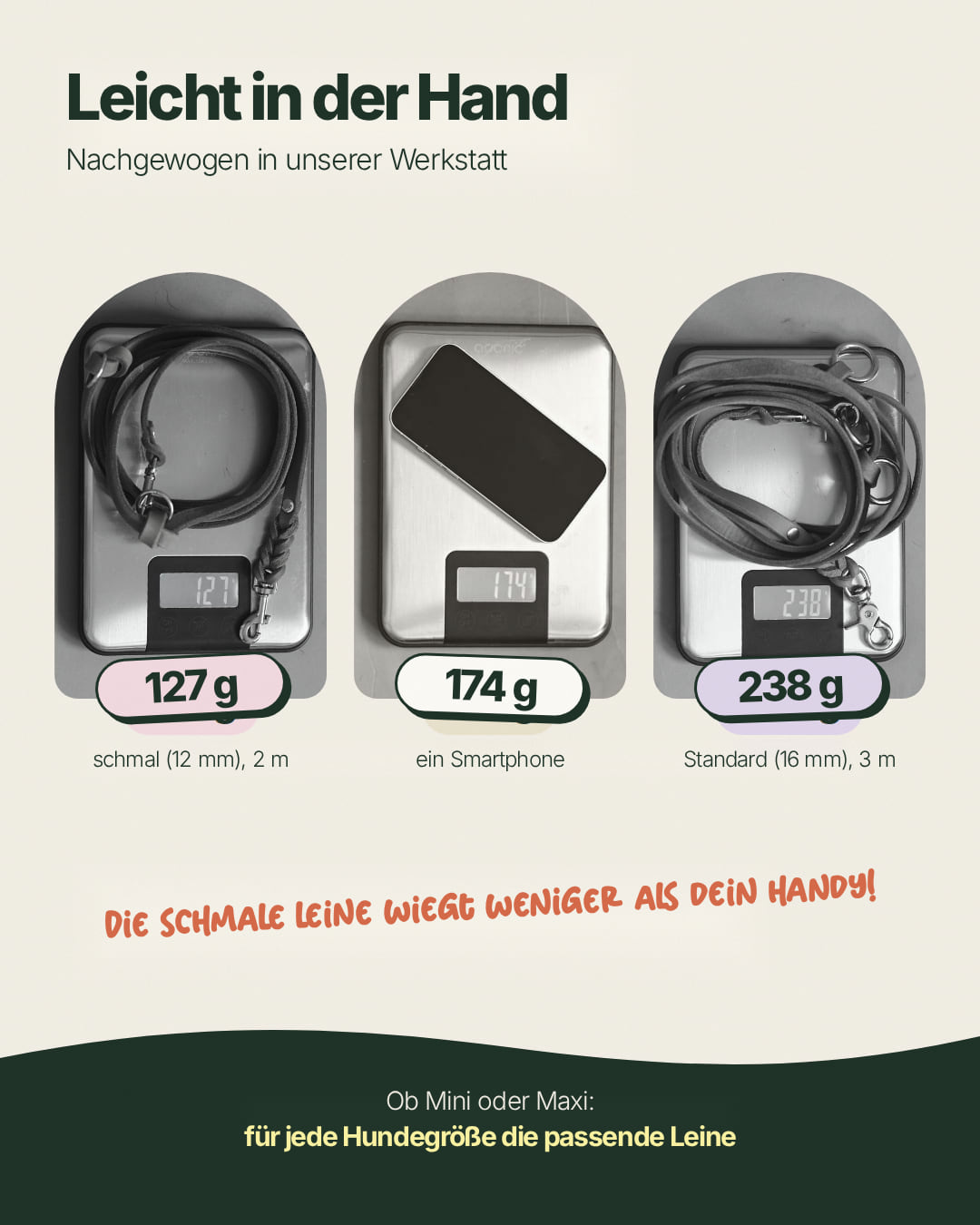 Gewicht der Hundeleine Bjarki: 127 g schmal in 2 m, 238 g Standard in 3 m