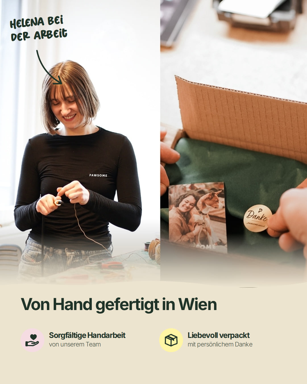 Helena fertigt in der Pawsome-Werkstatt in Wien eine Hundeleine und verpackt die Bestellung