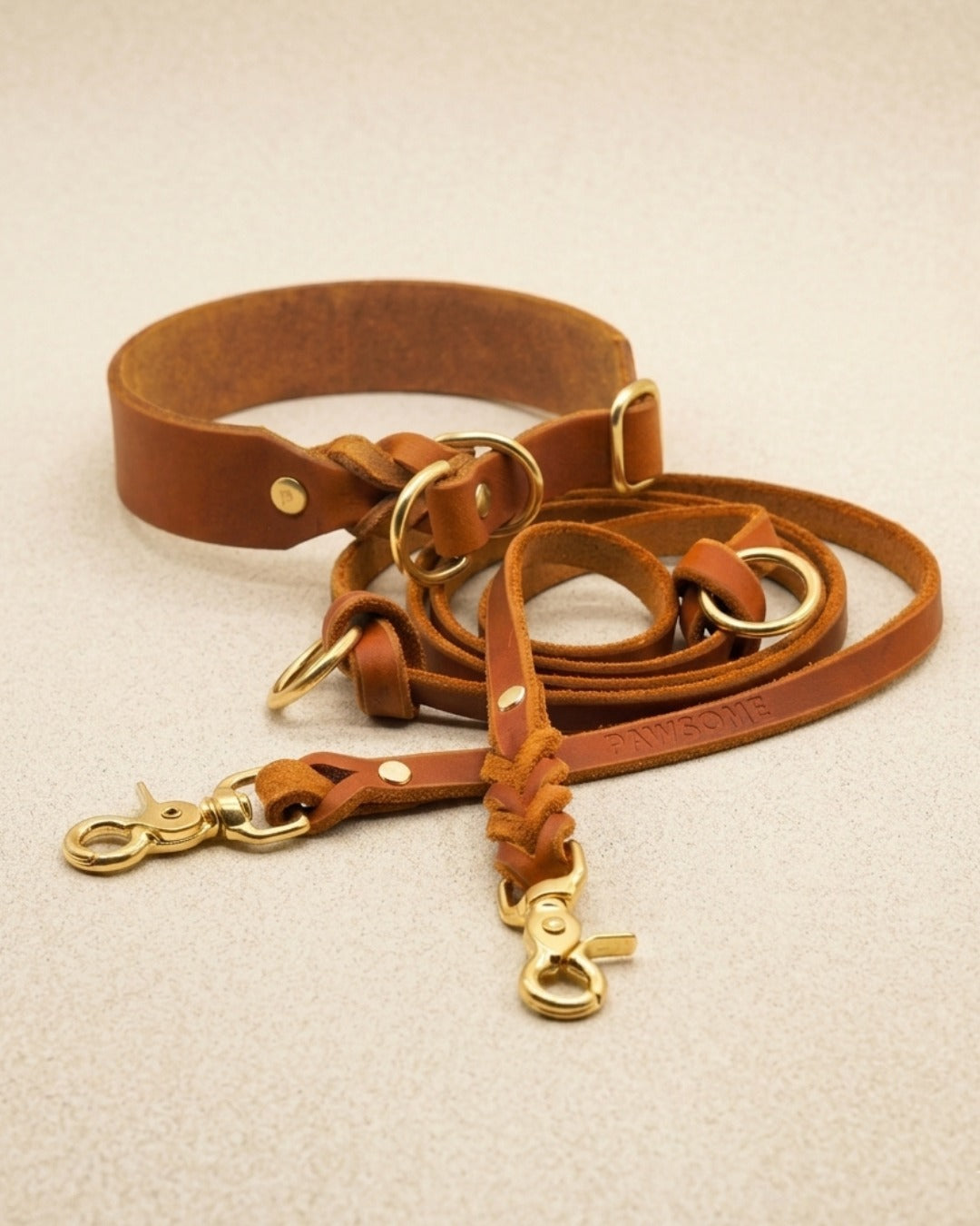 Set | Zugstopp-Halsband & Leine aus Fettleder