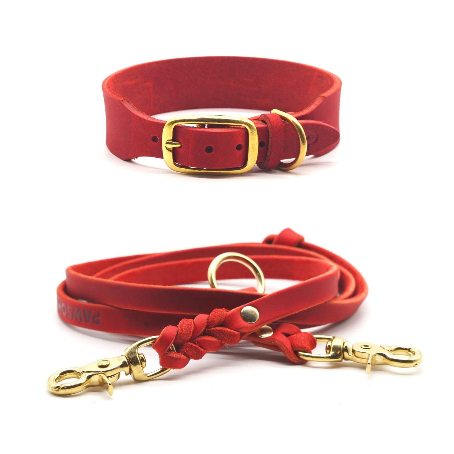 Set | Leather collar &amp; leash in chili