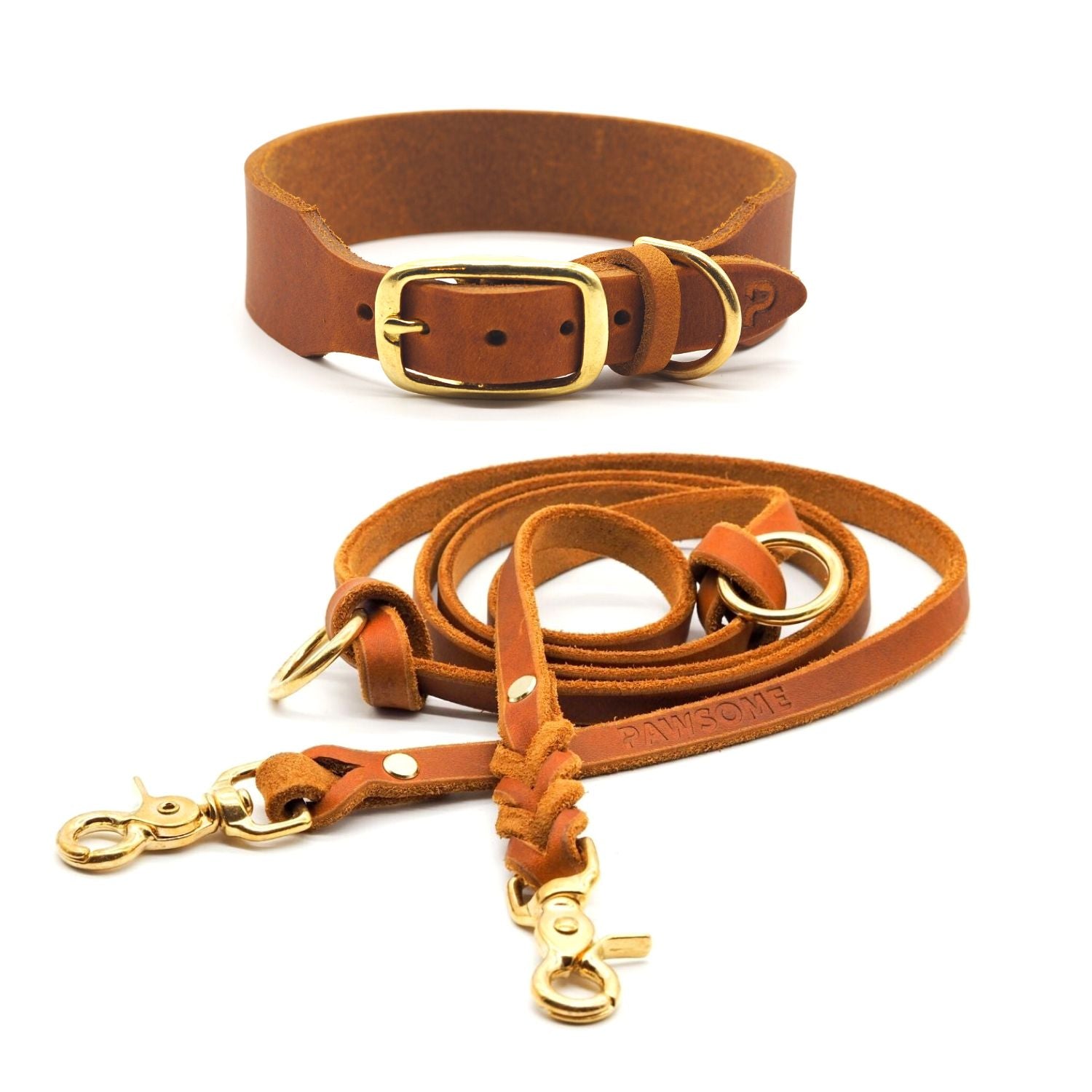 Set | Leather collar &amp; leash in cognac