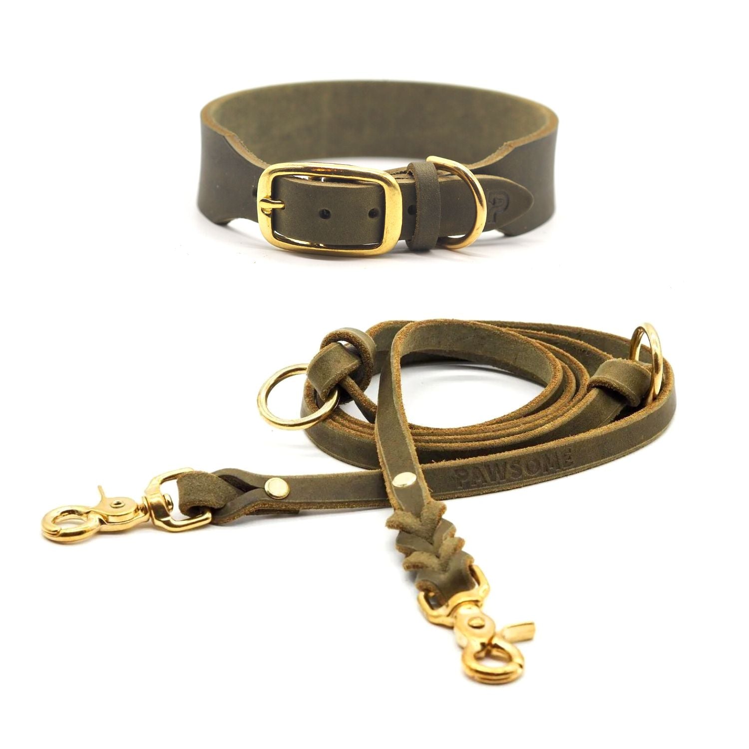 Set | Leather collar &amp; leash in olive