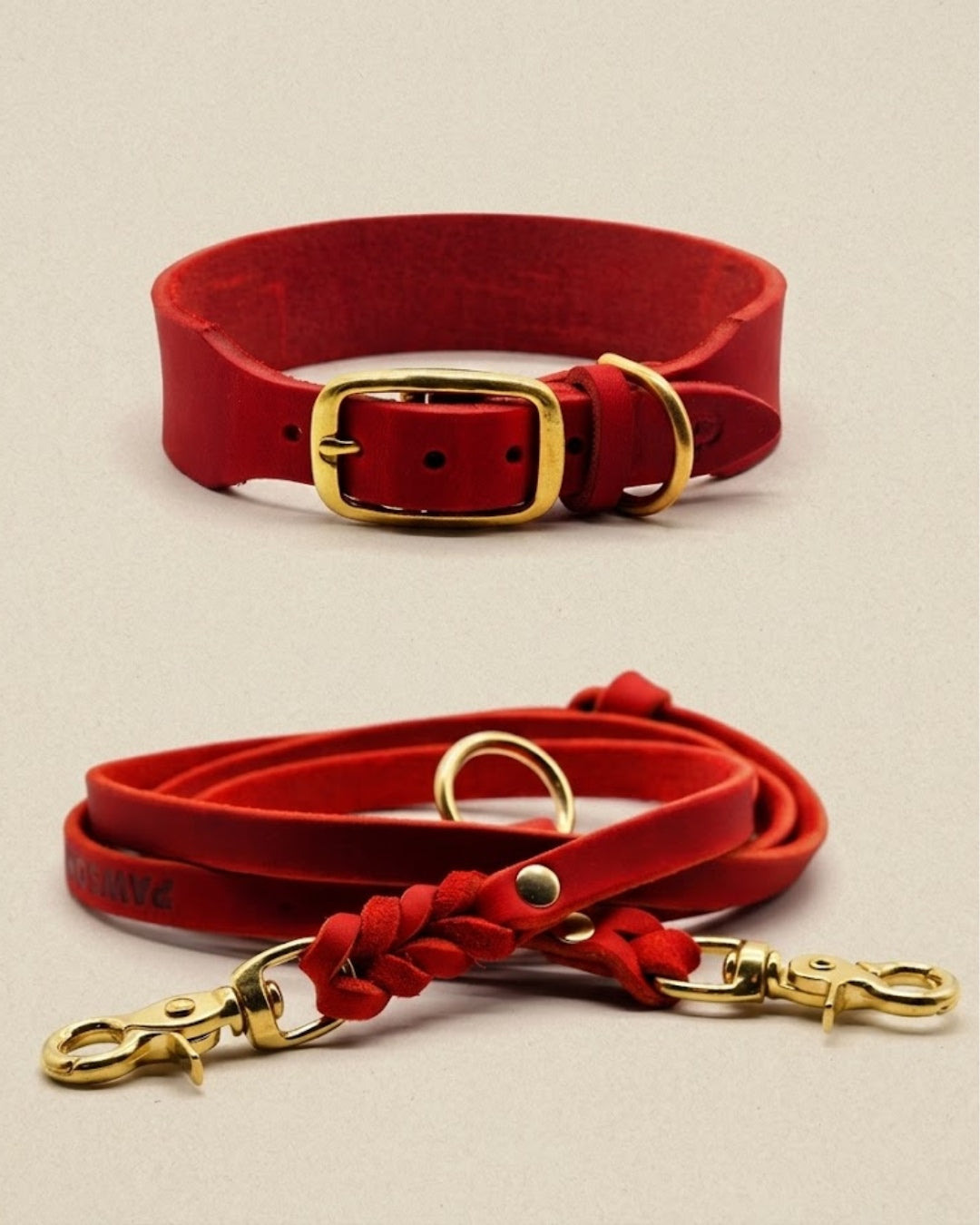 Set | Leather collar &amp; leash in chili