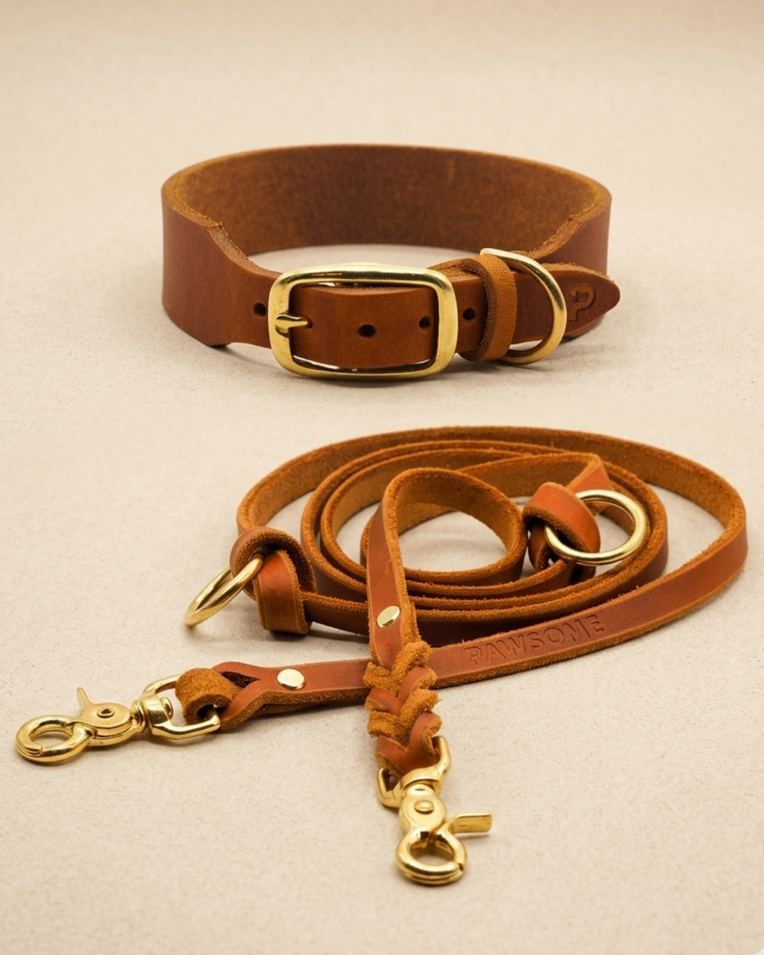 Set | Leather collar &amp; leash in cognac
