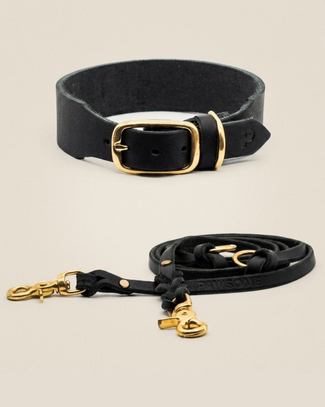 Set | Lederhalsband & Leine in Schwarz