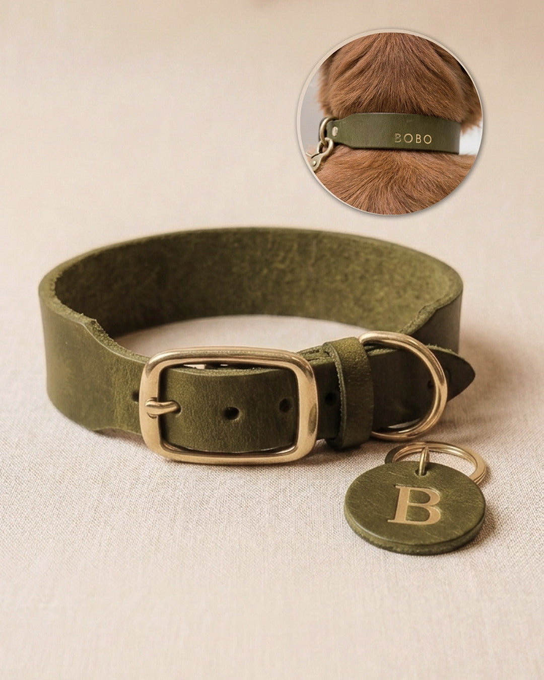 Personalisierbares Lederhalsband  mit Name | Olive