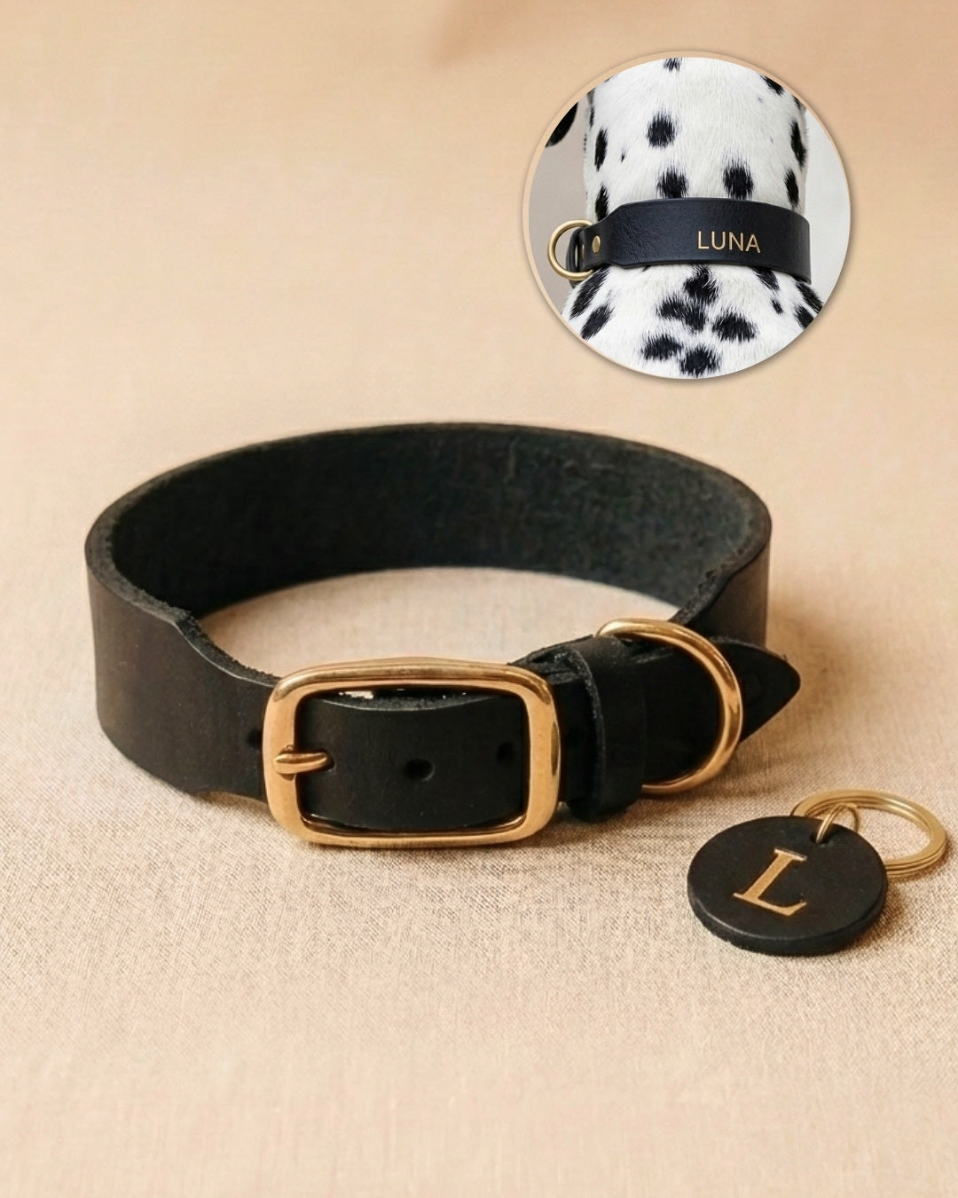 Personalisierbares Lederhalsband mit Name | Schwarz