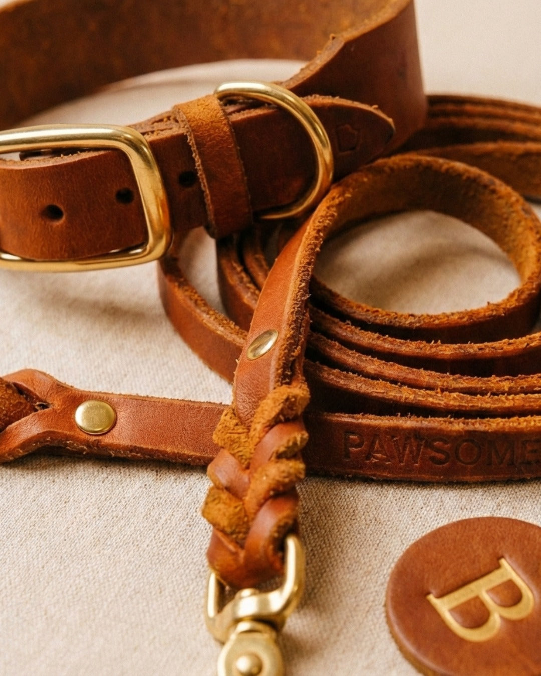 Set | Lederhalsband & Leine in Cognac