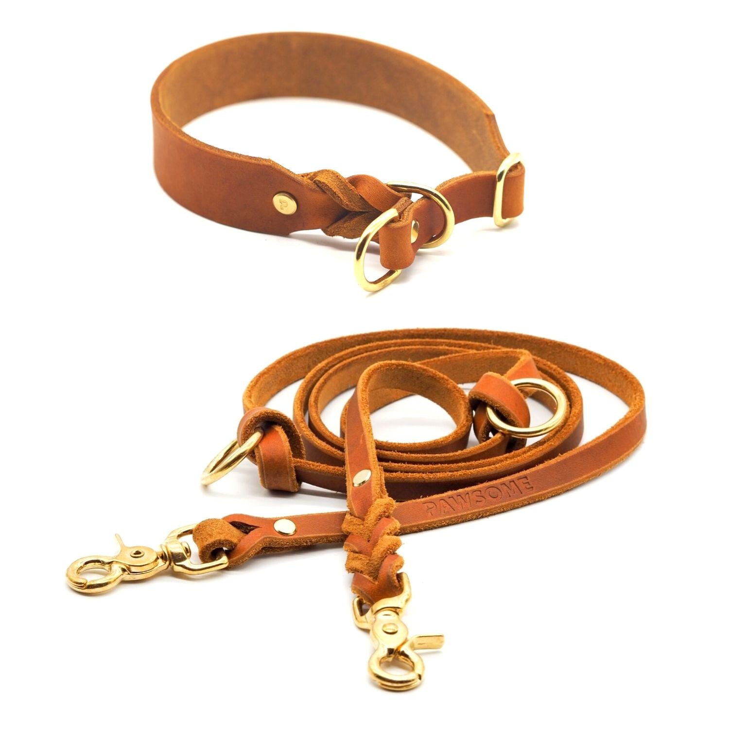 Set | Pull stop collar &amp; leash made of greased leather