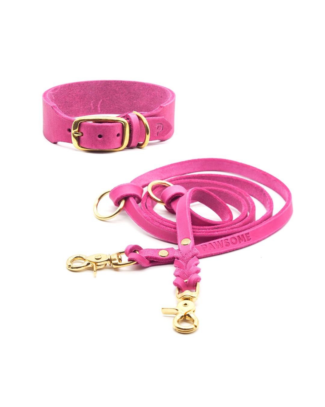 Set | Leather collar &amp; leash in bubblegum