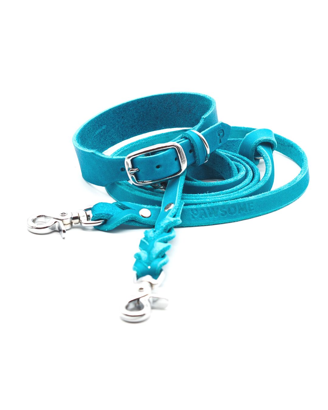 Set | Leather collar &amp; leash in aqua