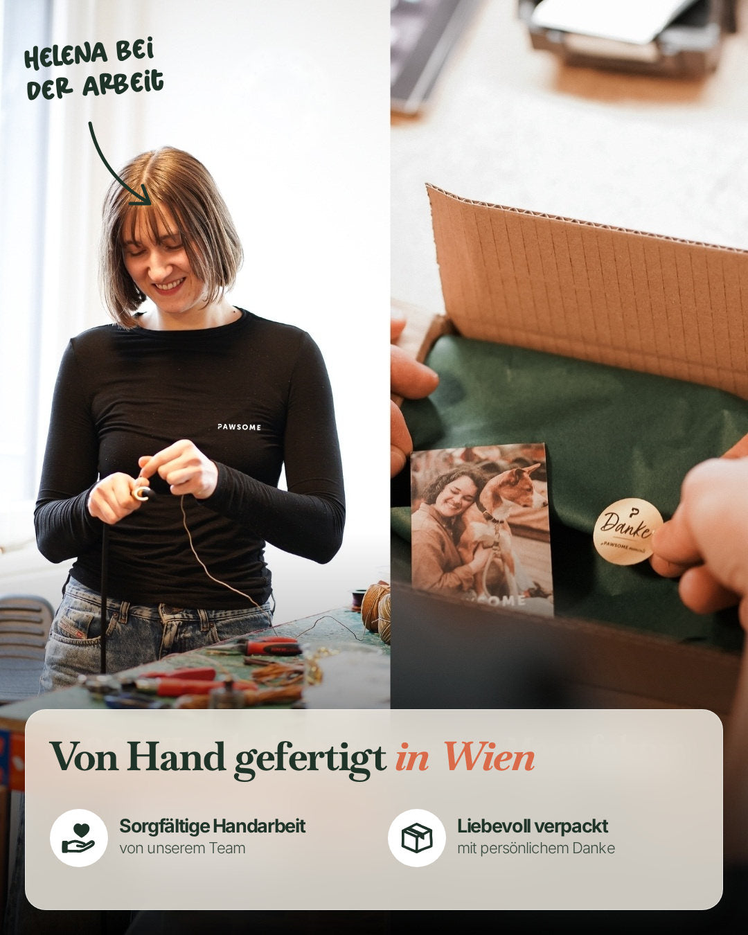Helena fertigt in der Pawsome-Werkstatt in Wien und verpackt die Bestellung