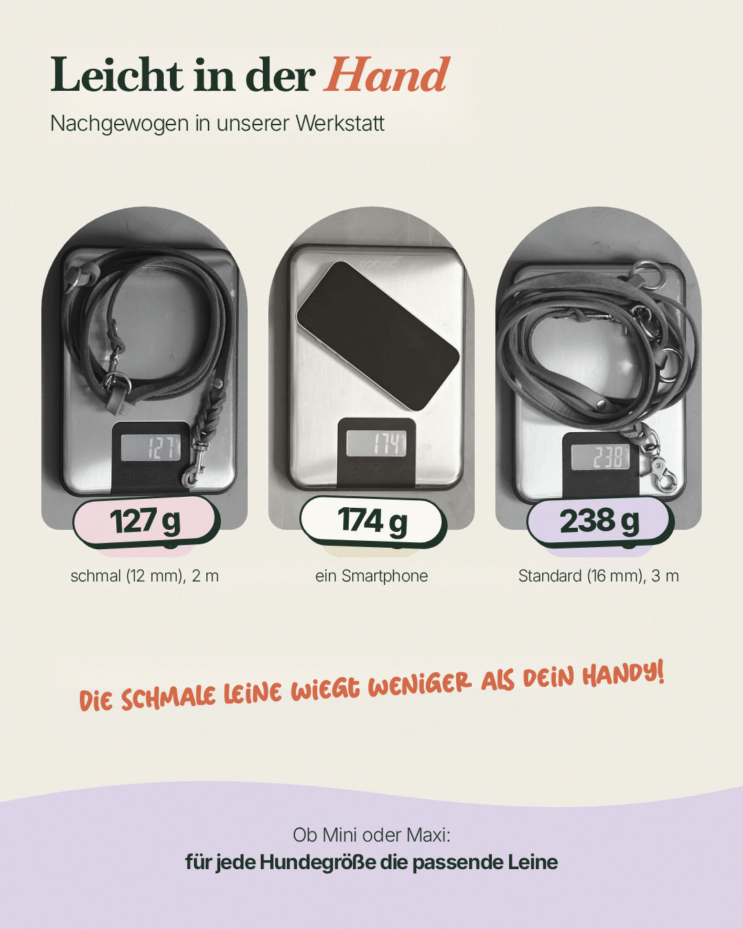 Gewicht der Hundeleine Bjarki: 127 g schmal in 2 m, 238 g Standard in 3 m