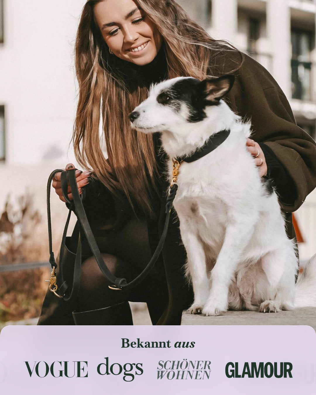 Frau mit Hund und Hundeleine Bjarki in Schwarz, bekannt aus VOGUE, dogs, Schöner Wohnen und Glamour