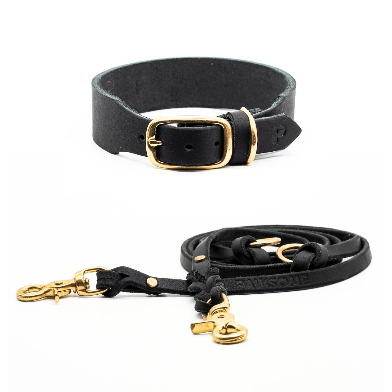 Set | Leather collar &amp; leash in cognac