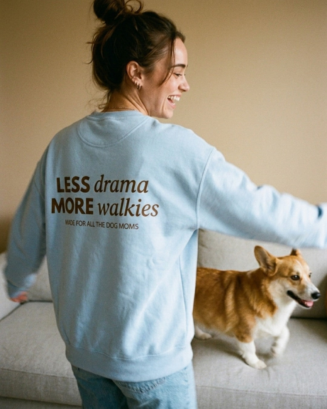Limited | Organic Sweatshirt 'less drama more walkies' in Pastel Blue