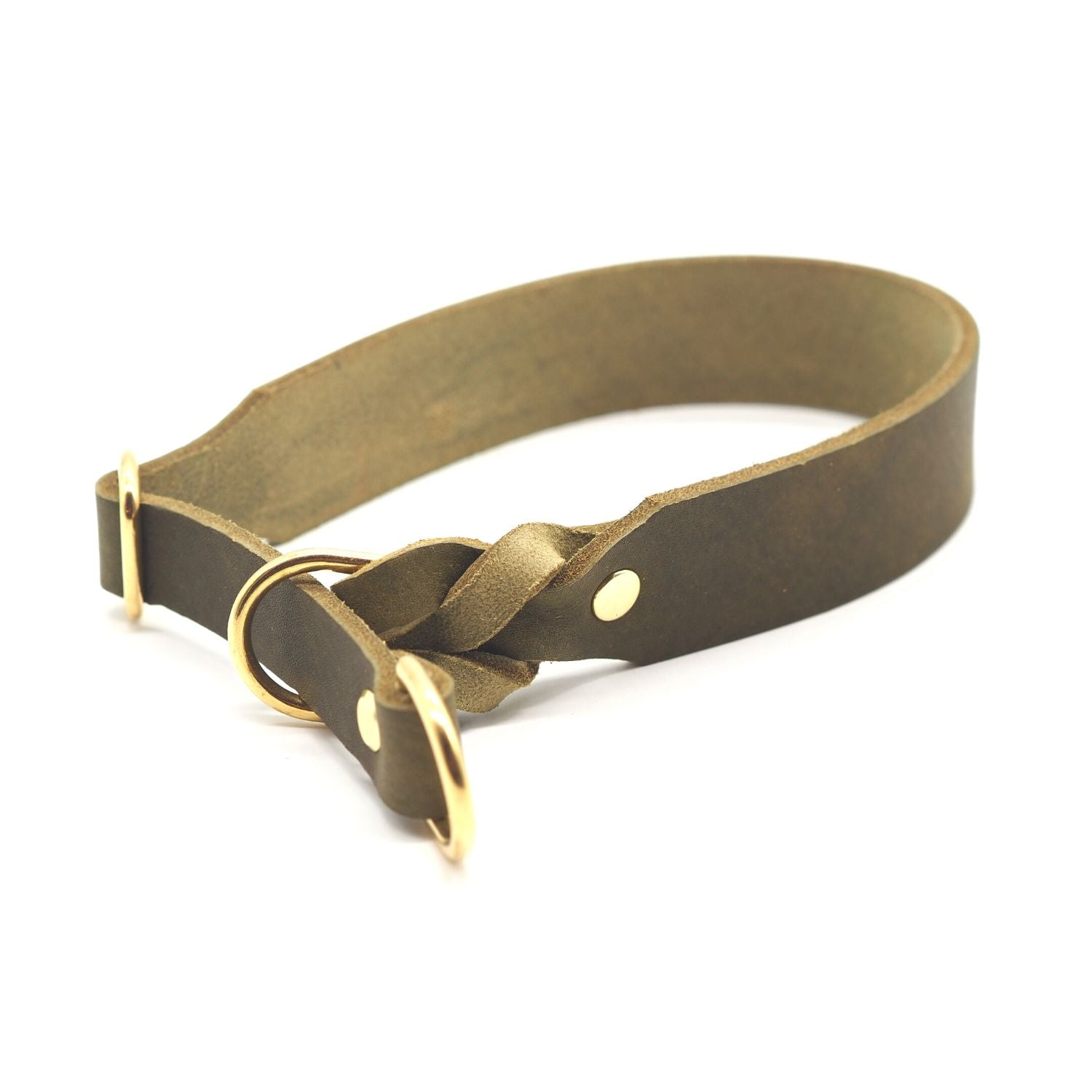 Pull stop collar made of greased leather 'Olive'