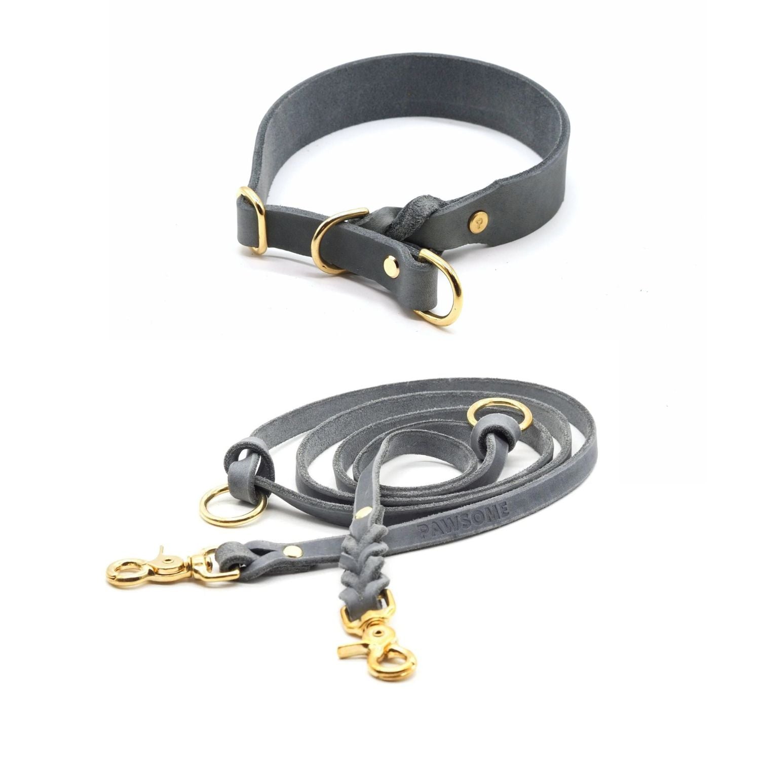Set | Pull stop collar &amp; leash made of greased leather