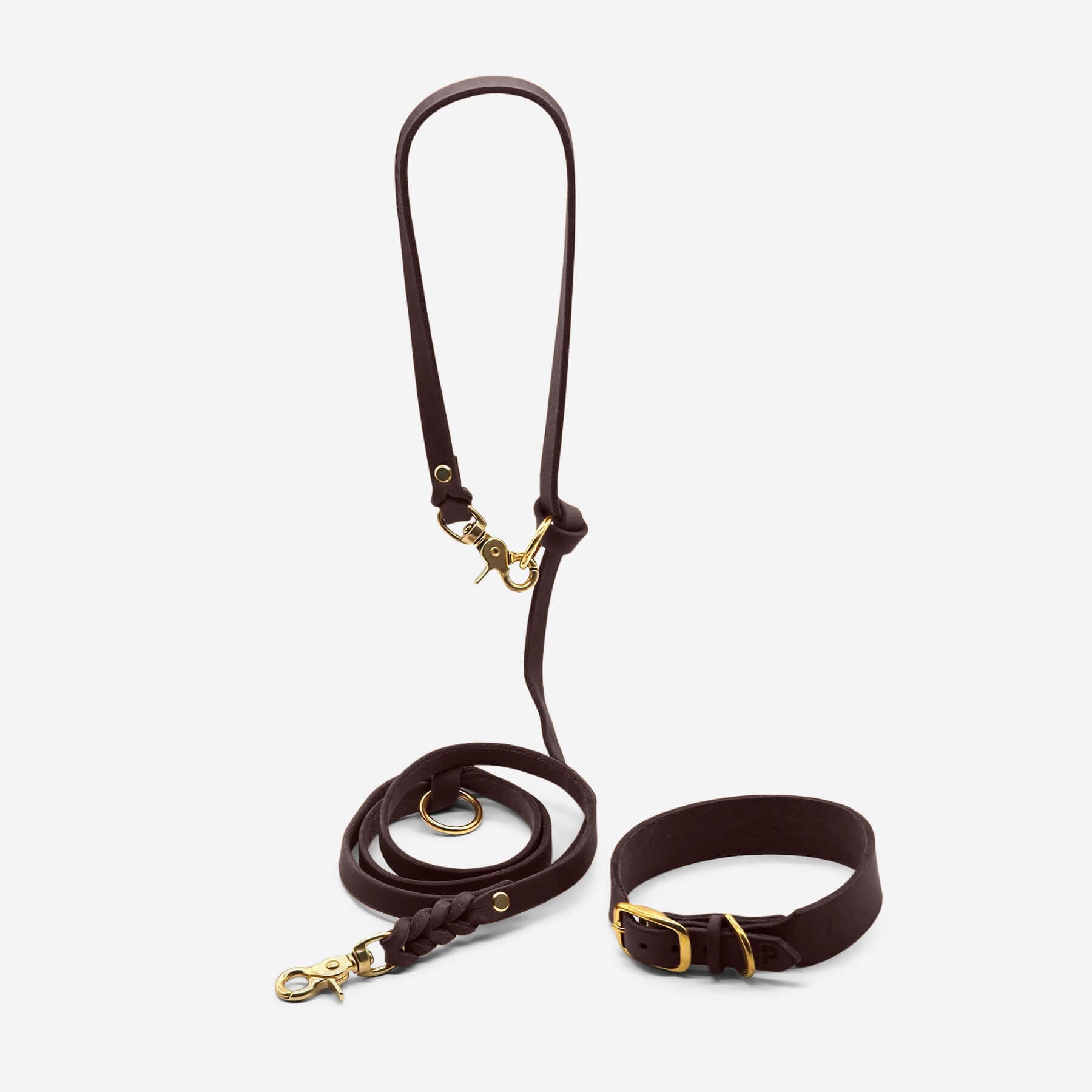 Set | Leather collar &amp; leash in chestnut