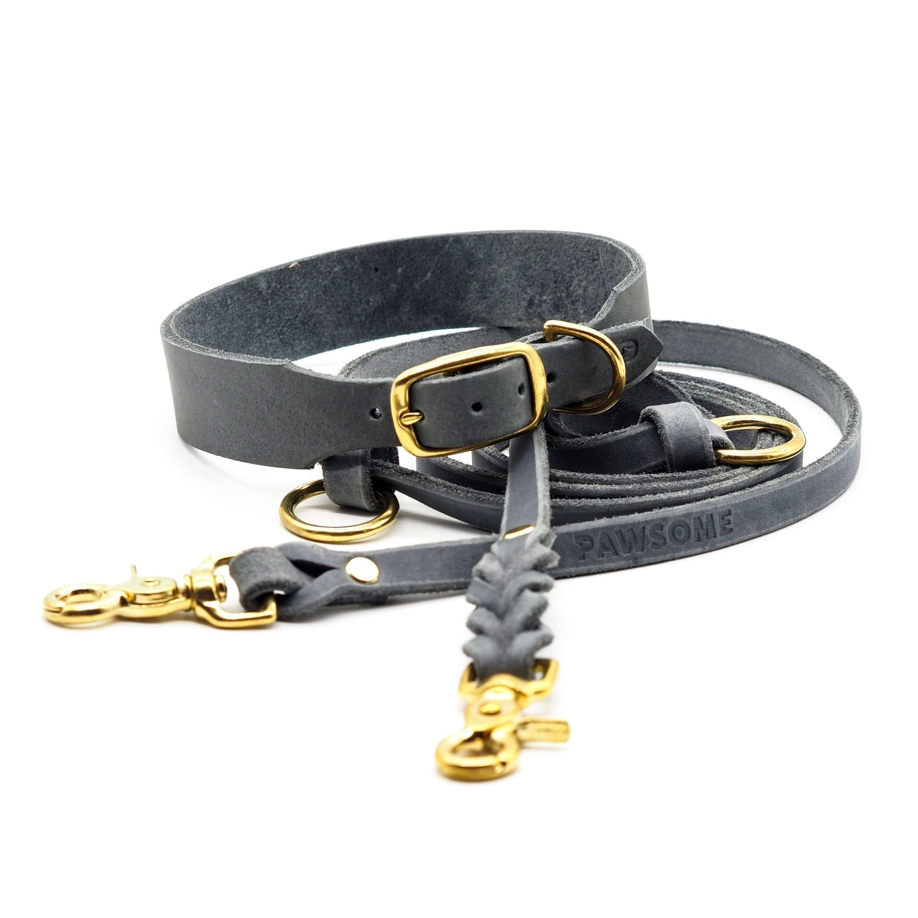 Set | Leather collar &amp; leash in stone gray