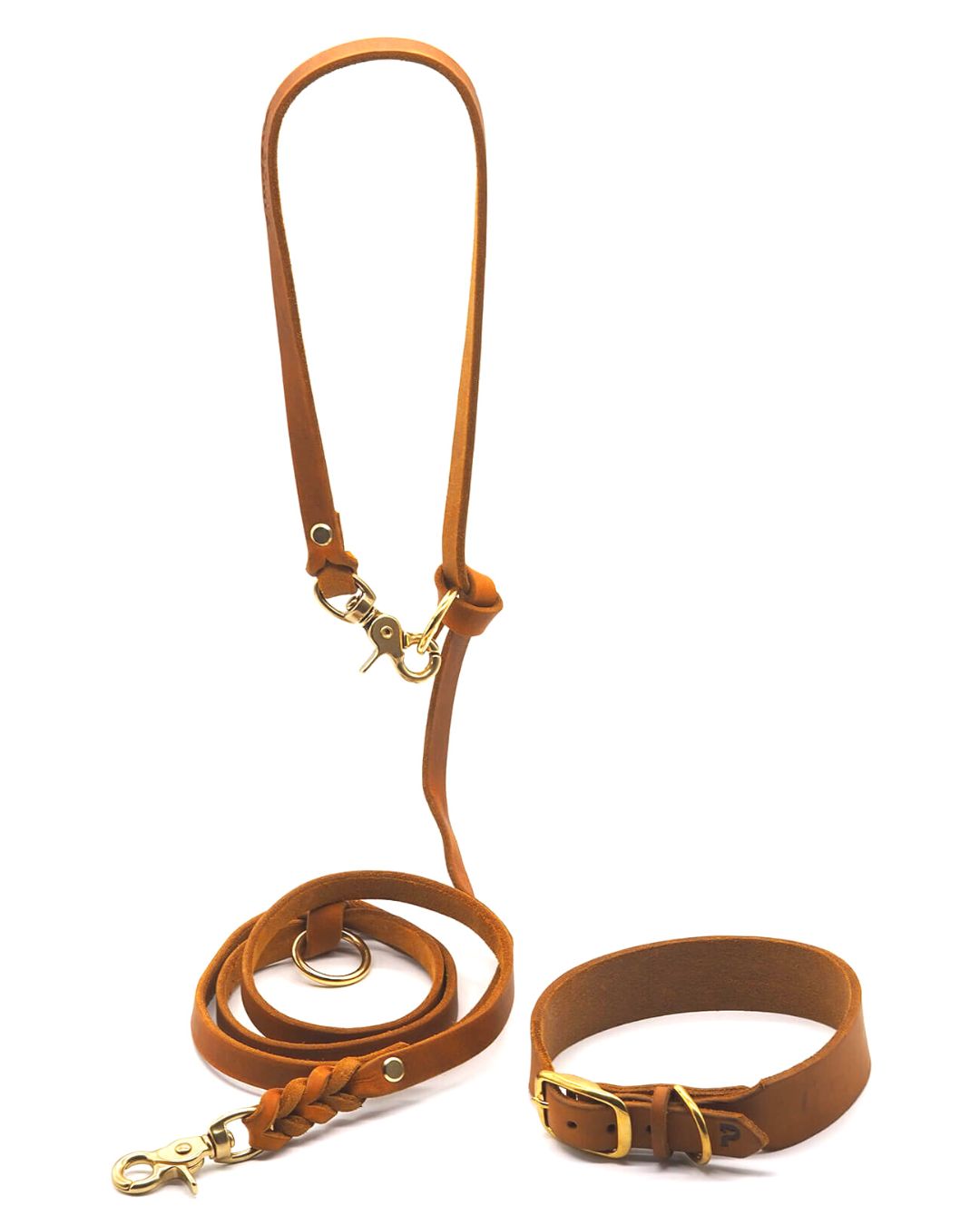 Set | Leather collar &amp; leash in cognac