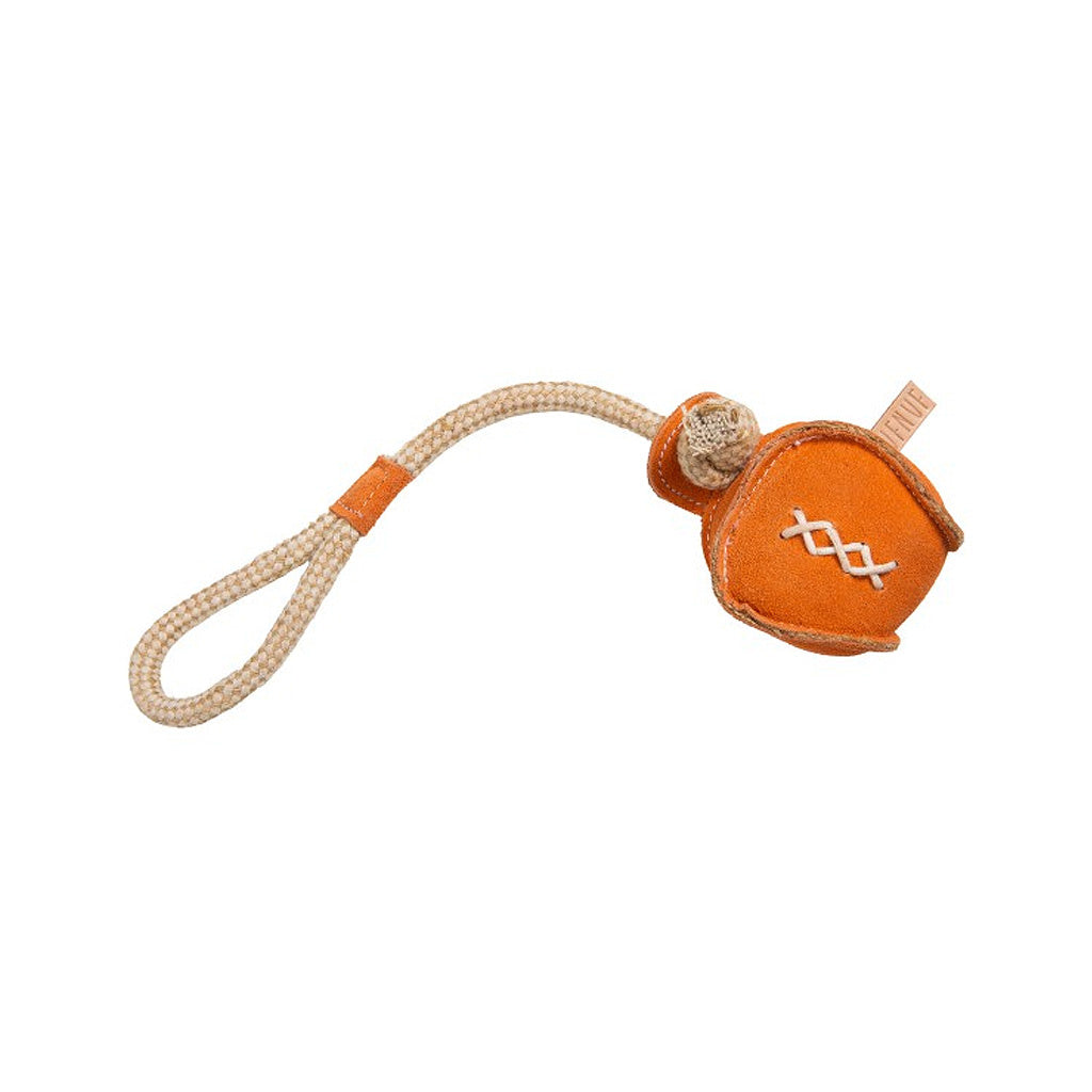 Suede dog ball with throwing rope